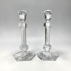 Val St Lambert Balmoral Crystal Candlesticks Pair Hexagonal Belgian Glass 9.5"